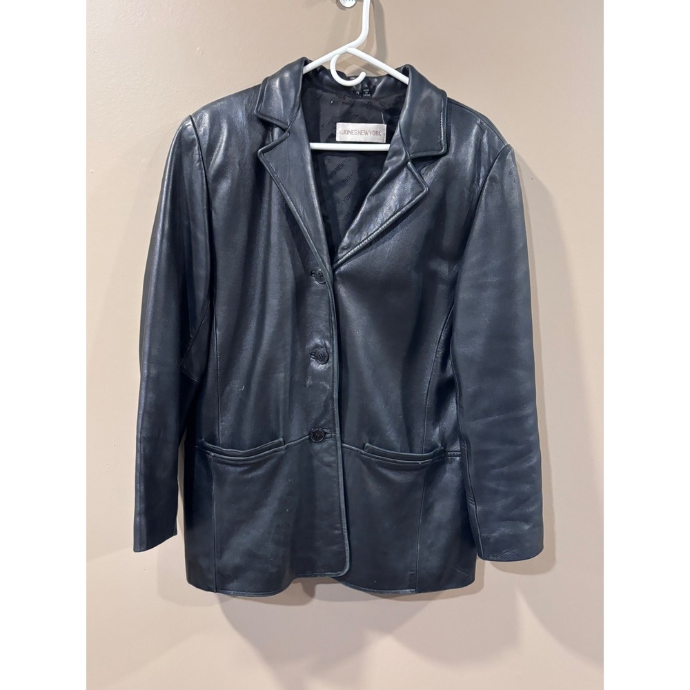 Jones New York Black Genuine Leather Blazer Jacket Womens Medium